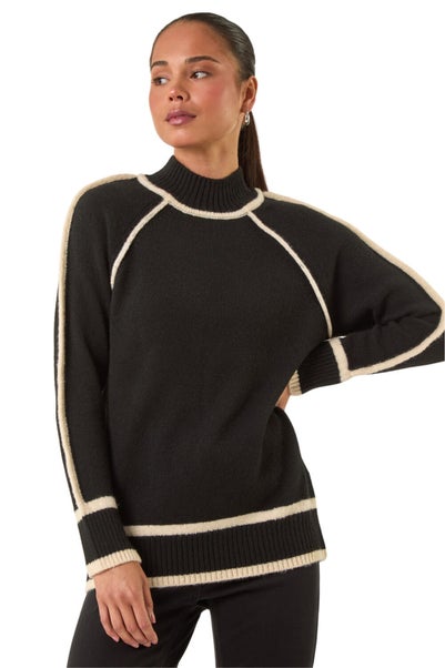 Roman Black Petite Contrast Ribbed Knit Jumper