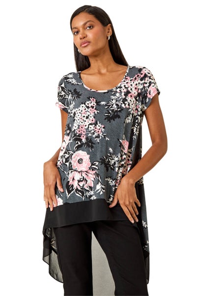 Roman Grey Floral Puff Print Stretch Shirt