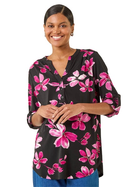 Roman Pink Floral Puff Print Stretch Top