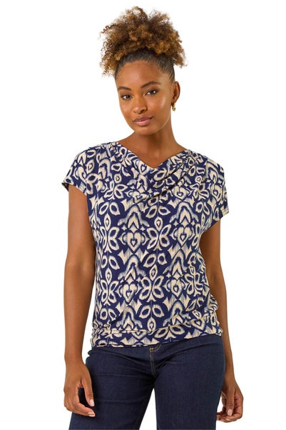 Roman Navy Geo Print Cowl Neck Stretch Top