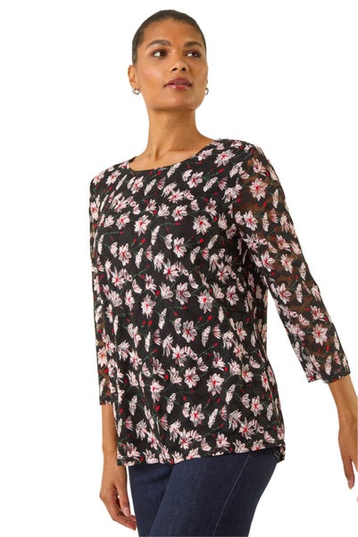 Roman Black Floral Print Stretch Top