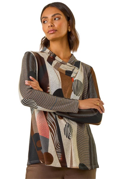 Roman Brown Abstract Print Snit Top