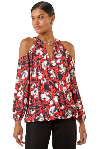 Roman Red Printed Cold Shoulder Stretch Top