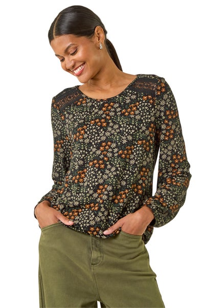 Roman Green Printed Lace Stretch Top