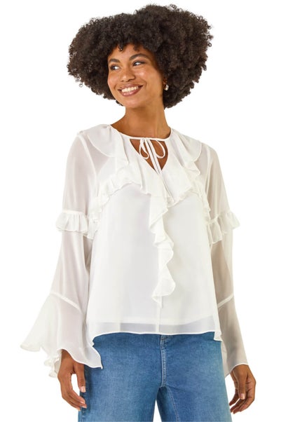 Roman Ivory Chiffon Tie Neck Ruffle Tunic Top