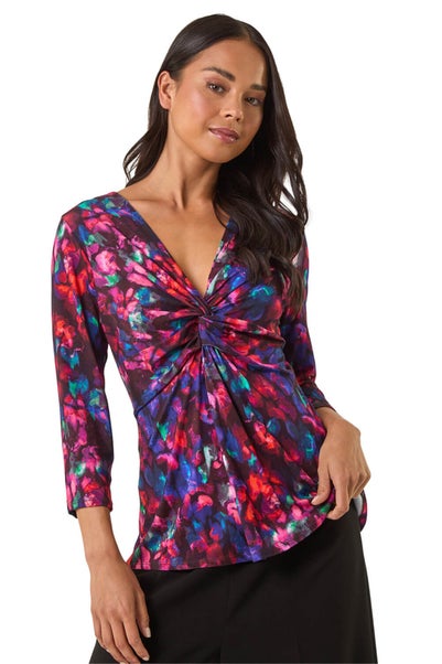 Roman Wine Petite Abstract Print Knot Front Top