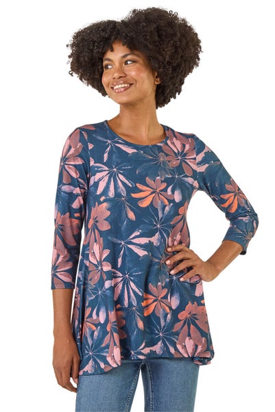 Roman Blue Floral Hanky Hem Stretch Top