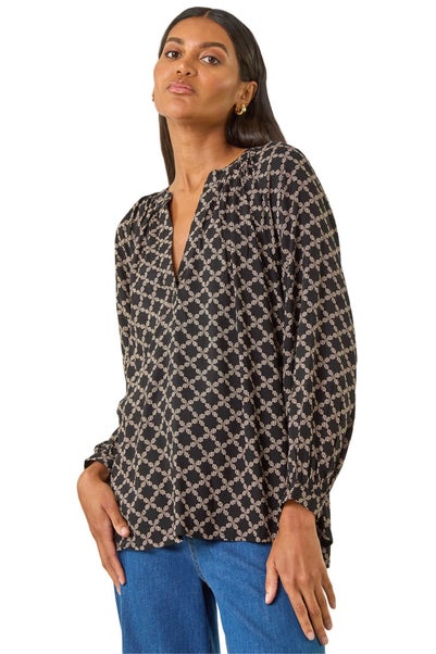 Roman Black Geometric Print Raglan Top