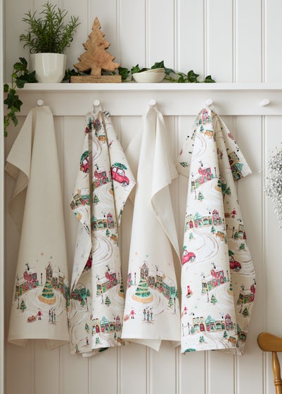 Catherine Lansfield Christmas Town Cotton Kitchen Tea Towel Pack of 4 Natural