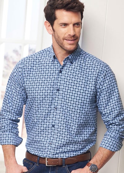 Cotton Traders Smoke Blue Long Sleeve Soft Touch Print Shirt