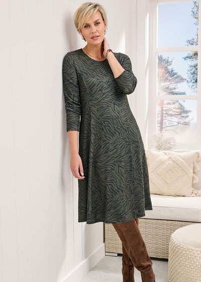 Cotton Traders Olive Soft Touch Jersey Knee Length Swing Dress