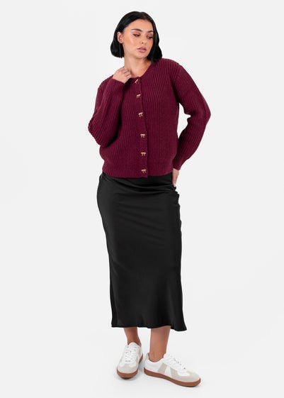 Lovedrobe Bow Button Round Neck Burgundy Cardigan