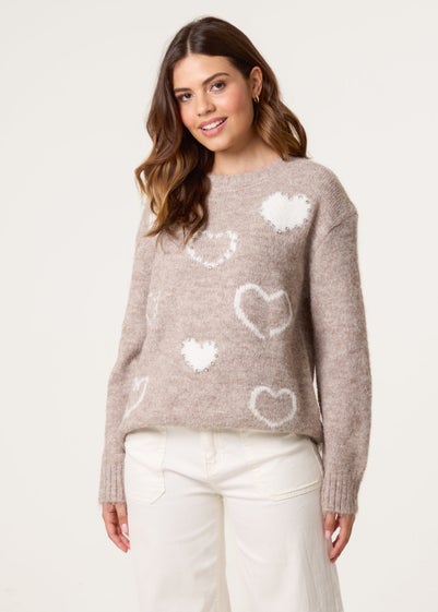 Blue Vanilla Beige Diamante Detailed Heart Jumper