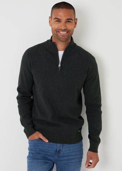Threadbare Khaki Cotton Blend Knitted Quarter Zip Jumper