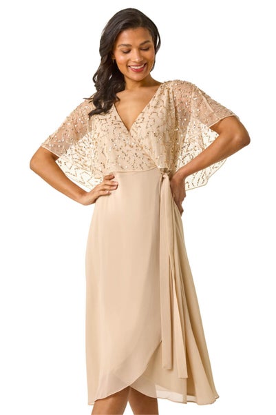 Roman Natural Sequin Embellished Chiffon Wrap Maxi Dress