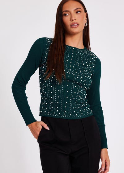 Quiz Green Embellished Long Sleeve Top