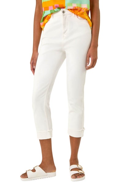 Roman White Slim Leg Turn Up Stretch Jeans