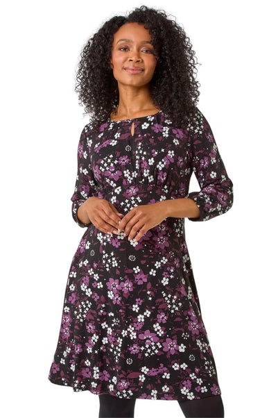 Roman Purple Petite Floral Keyhole Detail Dress