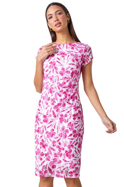 Roman Ivory Floral Lace Gathered Stretch Bodycon Dress