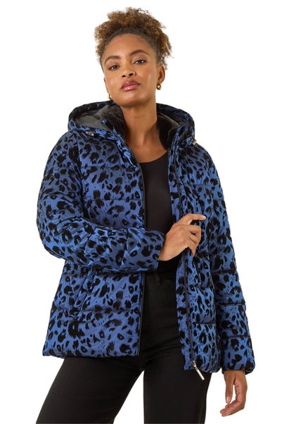 Roman Blue Animal Print Flocked Hooded Coat