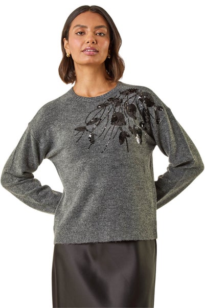Roman Dark Grey Floral Sequin Knit Jumper