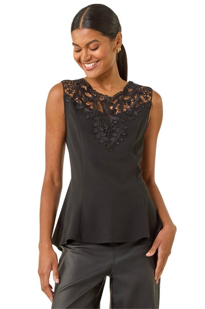 Roman Black Lace Ponte Peplum Top