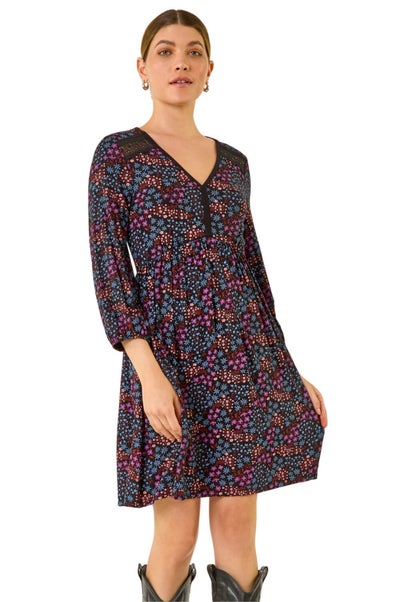 Roman Purple Print Trim Detail Stretch Dress