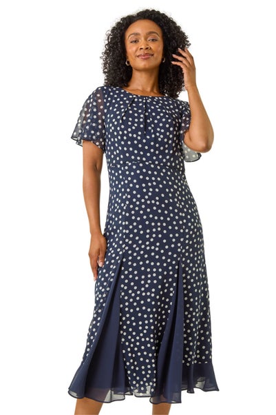 Roman Navy Petite Spot Print Godet Hem Midi Dress