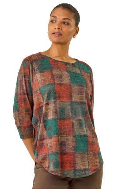 Roman Dark Orange Patchwork Print Round Hem Top