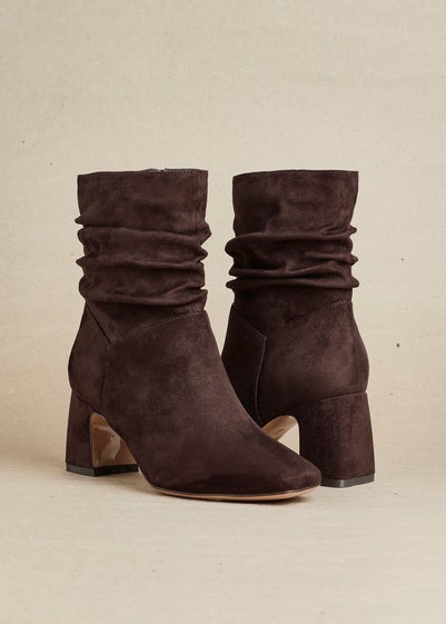 Linzi Maven Brown Faux Suede Ruched Block Heel Ankle Boot