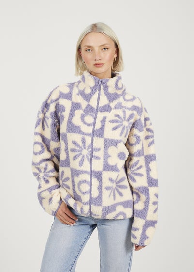 Brave Soul Lilac Graphic Flower Print Zip Through Sherpa Fleece
