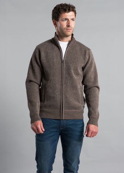 Kensington Eastside Taupe Textured Zip-Through Cardigan with Ribbed Details