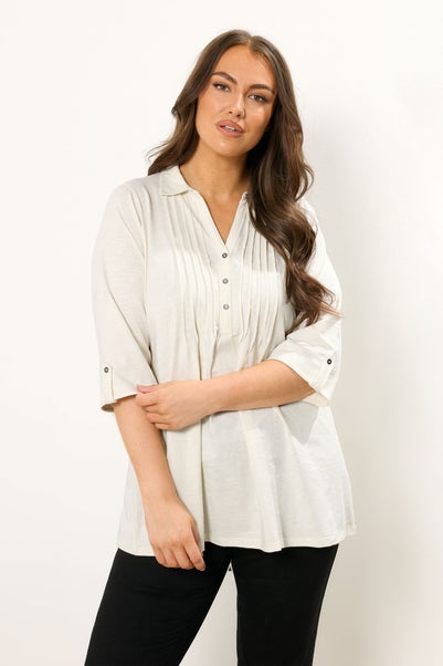 Evans Curve Cream Pintuck Henley Top