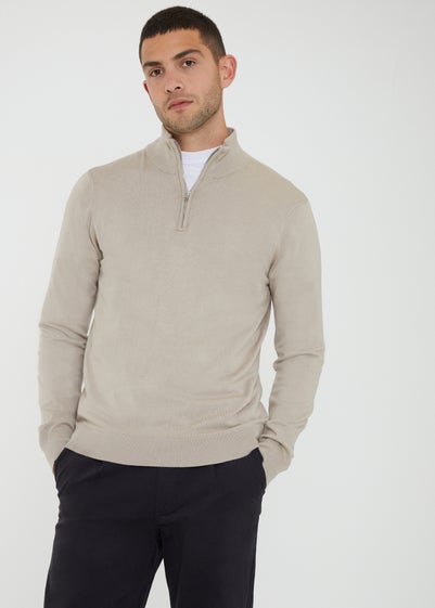 Threadbare Natural Funnel Neck Quarter Zip Knitted Jumper