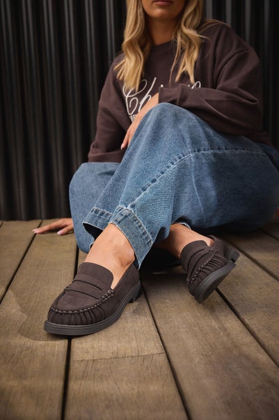 Yours Chocolate Brown Faux Suede Ruched Front Loafers In Extra Wide EEE Fit
