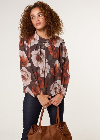 Blue Vanilla Brown Large Watercolour Floral Cowl Neck Puffball Blouse