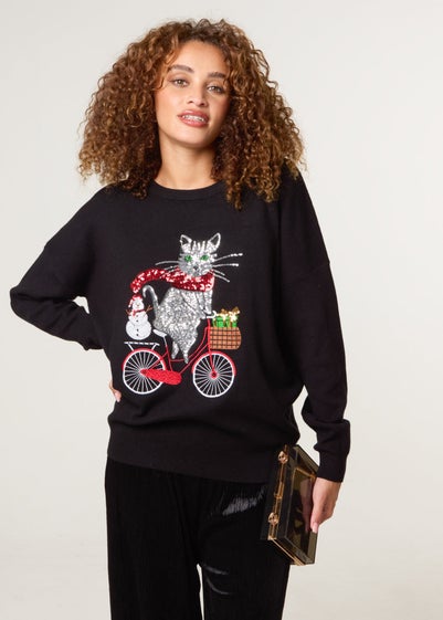 Blue Vanilla Black Christmas Cat On A Bike Jumper