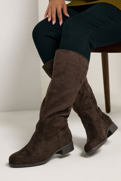 Yours Brown Faux Suede Stretch Knee High Boots In Extra Wide EEE Fit