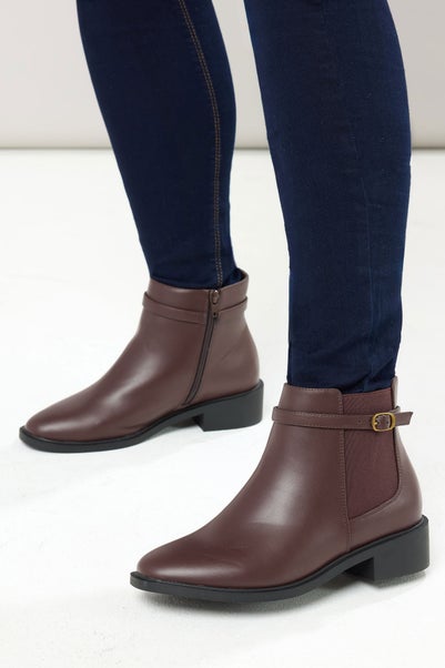 Yours Chocolate Brown Faux Leather Buckle Stretch Ankle Boots In Extra Wide EEE Fit