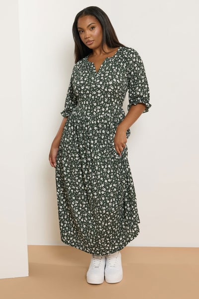 Yours Curve Khaki Green Ditsy Floral Notch Neck Dress