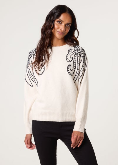 Blue Vanilla Ivory Embroidery Shoulder Detailing Jumper