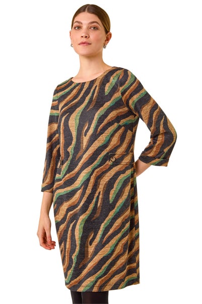Roman Tan Zebra Print Stretch Swing Dress