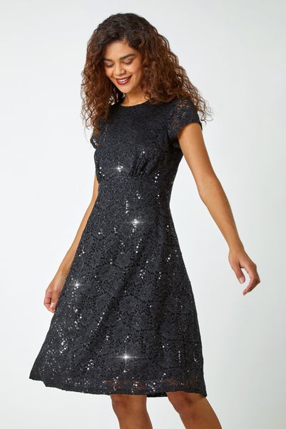 Roman Black Sequin Fluted Hem Lace Stretch Dress