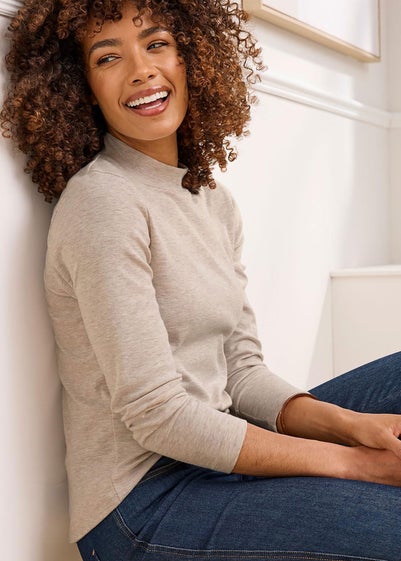 Cotton Traders Beige Marl Wrinkle Free Long Sleeve Turtleneck Top