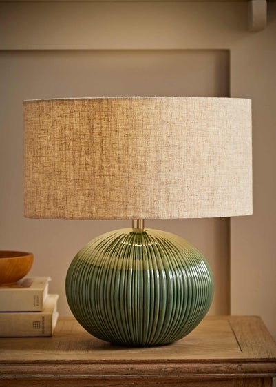 ValueLights Rebecca Green Ribbed Ceramic Table Lamp with Linen Shade