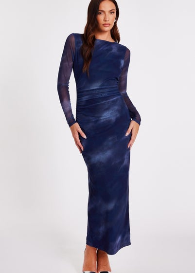 Quiz Blue Printed Long Sleeve Midaxi Dress