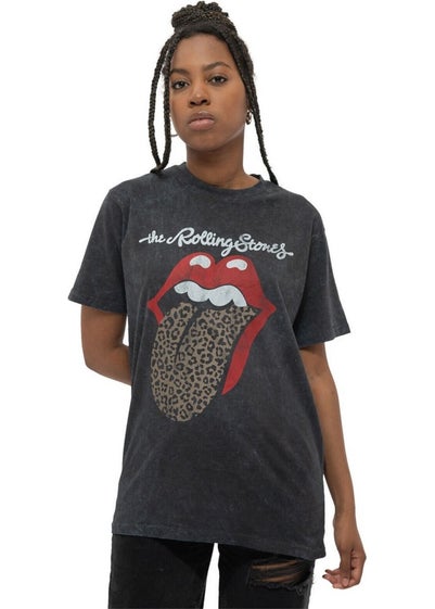 The Rolling Stones Black Leopard Tongue Acid Wash T-Shirt