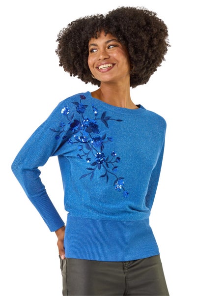 Roman Blue Floral Sequin Knit Jumper