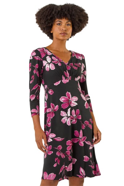 Roman Magenta Floral Print Gathered Stretch Midi Dress