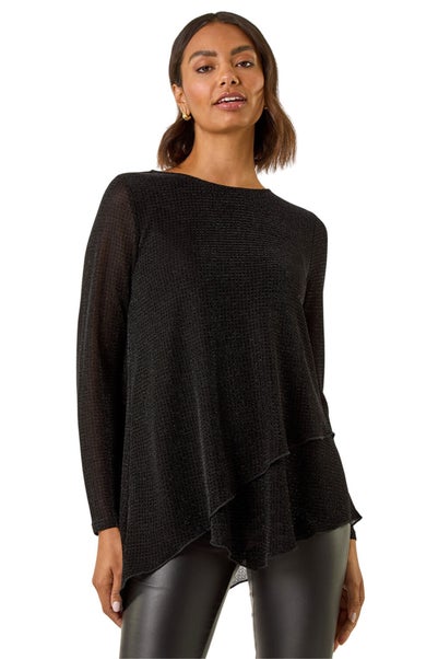 Roman Black Sparkle Asymmetric Layered Top